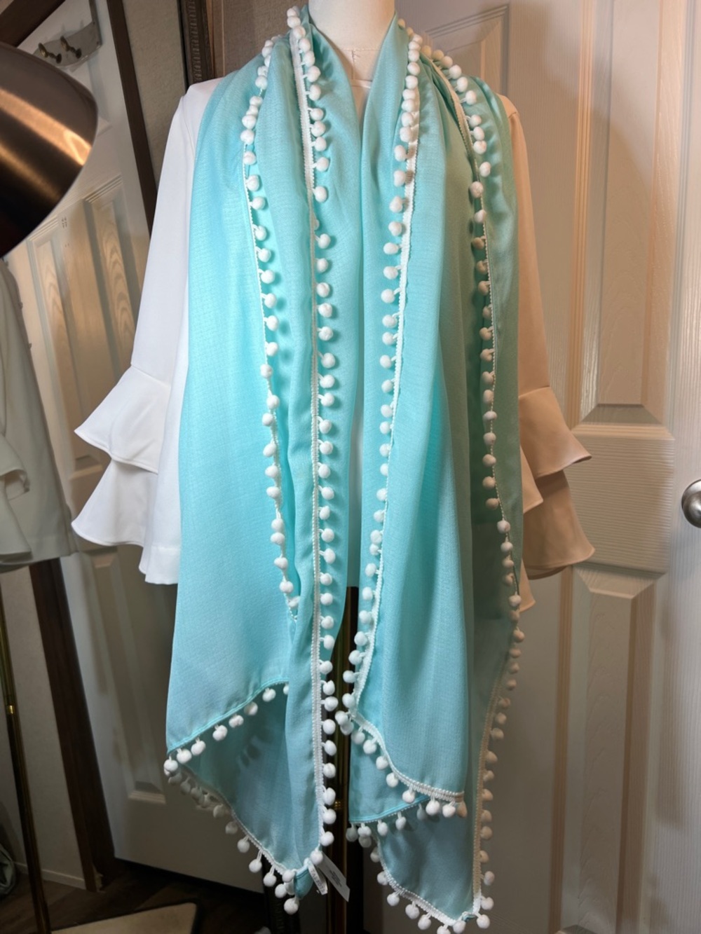 Talbots Aqua Scarf with White Pom-Pom Trim